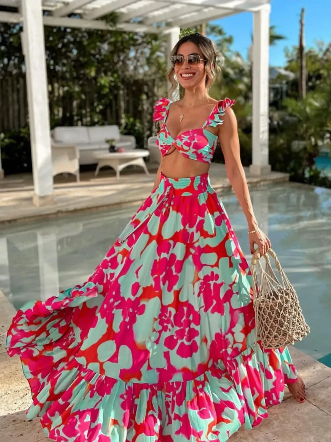 New Women Prt Two-piece Skirt Suit Ruffle Halter Straps Tube Top Skirt Sweet Bra High Waist Chic Beach Dance Robe