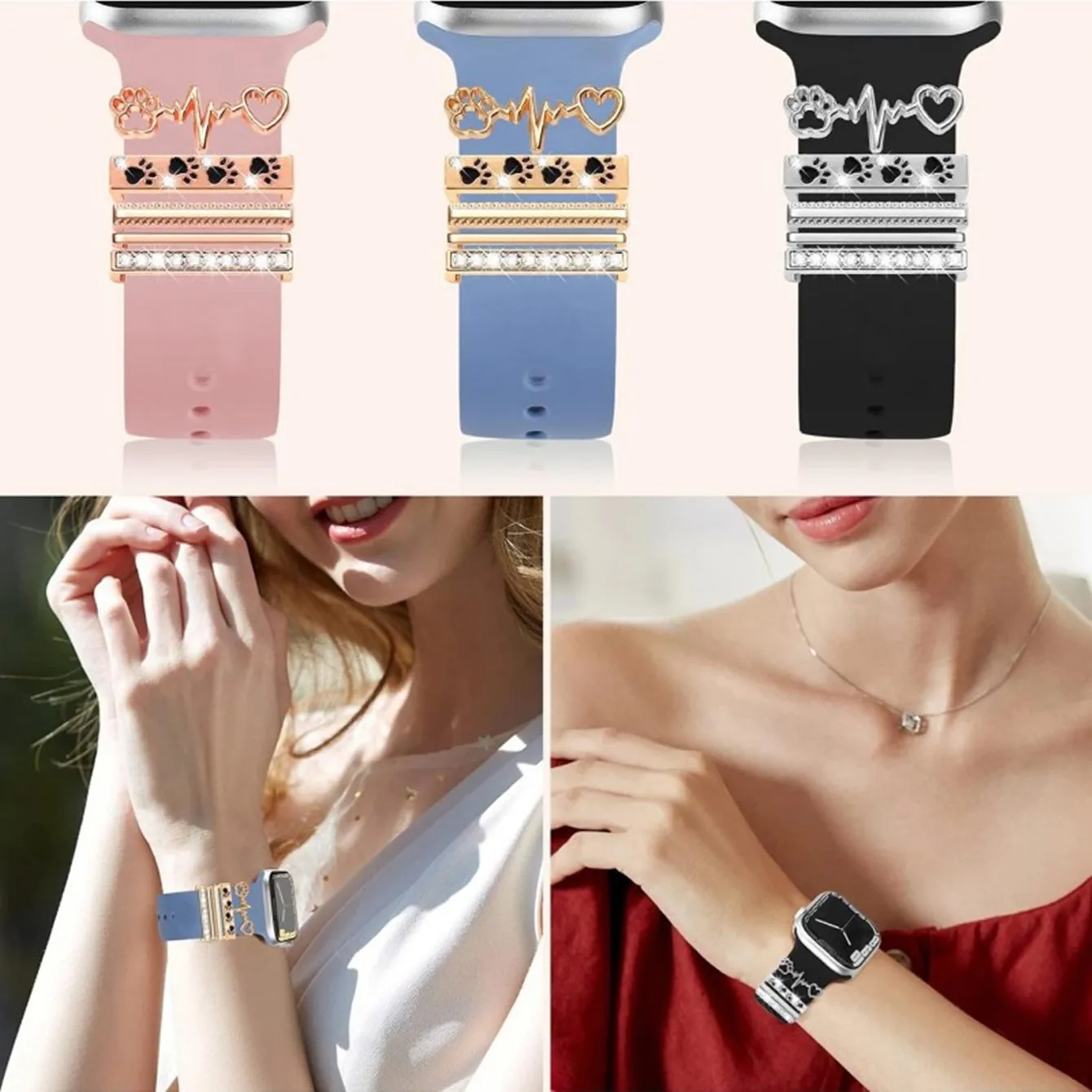 4 قطع من حلقات حلقات حزام الساعة للحيوانات الأليفة، زخارف ساحرة بحزام ساعة معدني لطيف من حجر الراين متوافقة مع سوار ساعة Apple #4