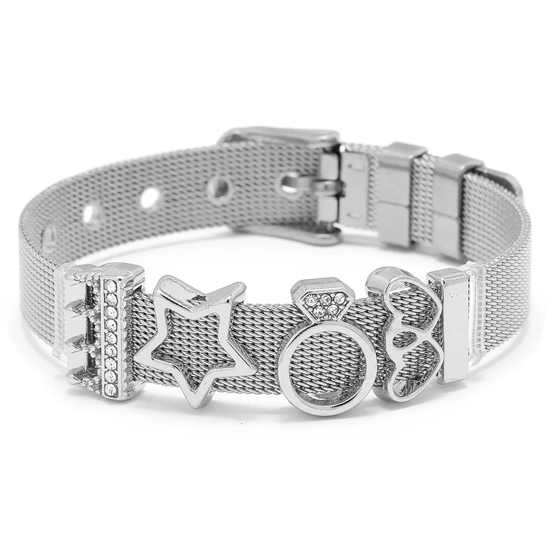 New Arrived Adjustable Stainless Steel Mesh Bracelet Shiny Crystal Bead Charms Fine Bracelet European Woman Watch Accessories