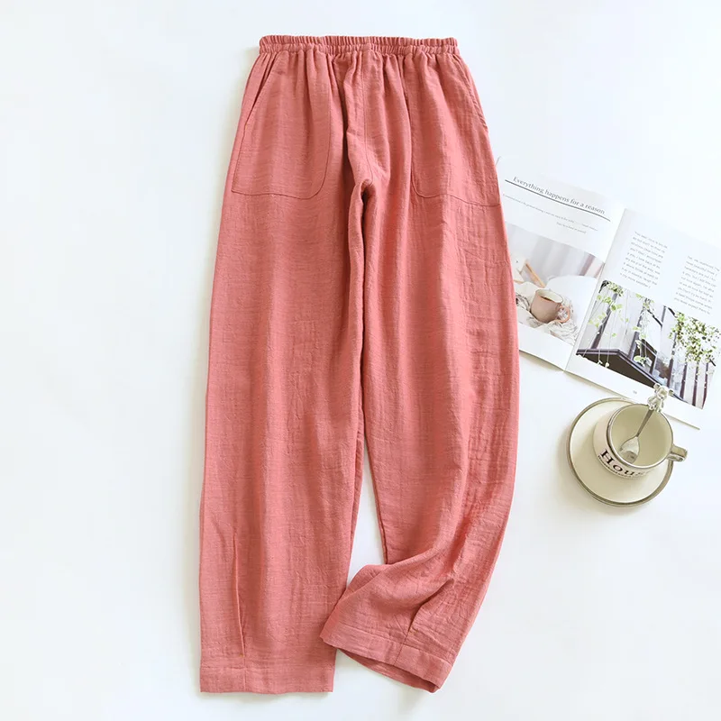 Calça feminina de algodão fina, corte reto, multicolorida, ideal para o verão, com bolsos grandes. Confortável e folgada, perfeita para usar em casa._voghion.com