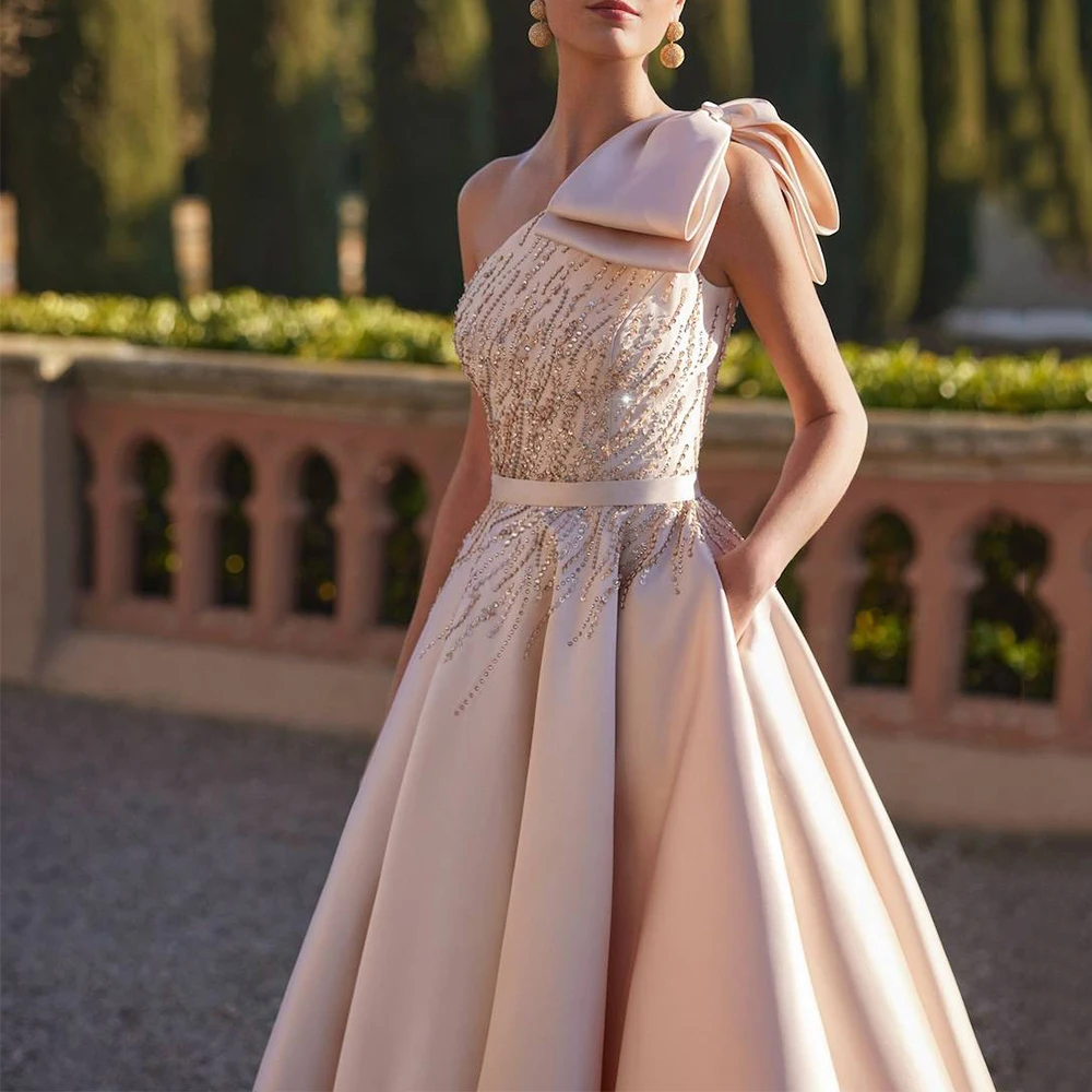 

DRESS RORU Customized Crystal Satin Evening Dress Classic A-Line Bow Sleeveless Belt and Pocket Floor Length Prom Gown New