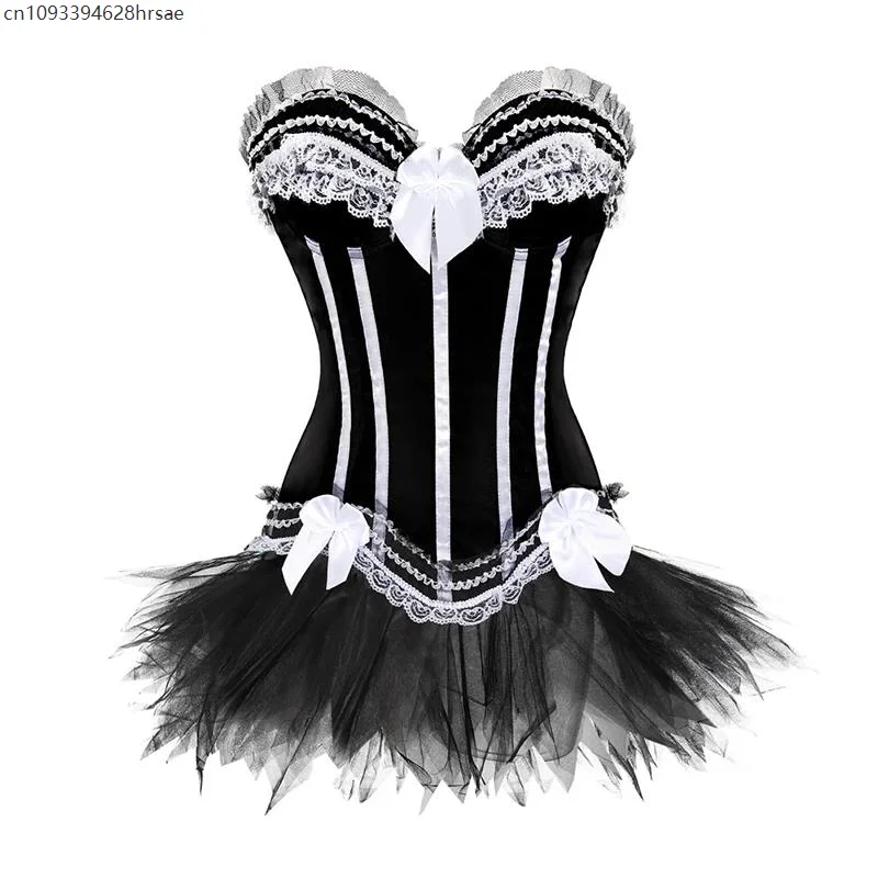 Сексуальный кружевной корсет с завышенной талией, женский винтажный атласный бюстье с бантом, полосатый корсет на шнуровке с цветочным принтом, бюстье, комплект с короткой юбкой