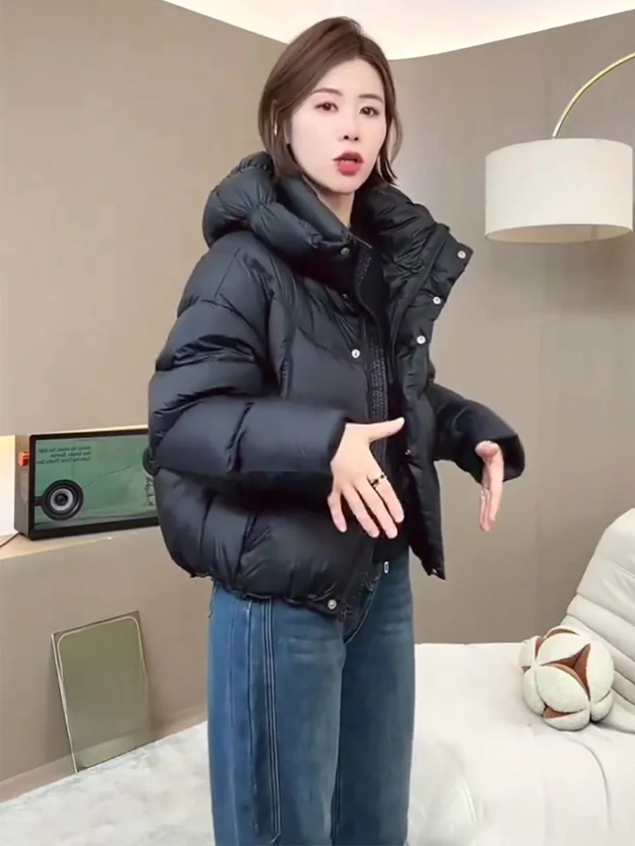 

New National Stand Thiened Winter Women's ort Puffer Jaet Hooded White Du down Fluffy Bread Sle Bla Outerwear