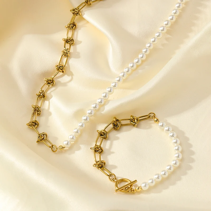EILIECK 316L Edelstahl Asymmetrisches Perlenketten-Halsketten-Armband-Set für Damen, Modisches Silberfarbenes Wasserdichtes Schmuckgeschenk – Detail 15