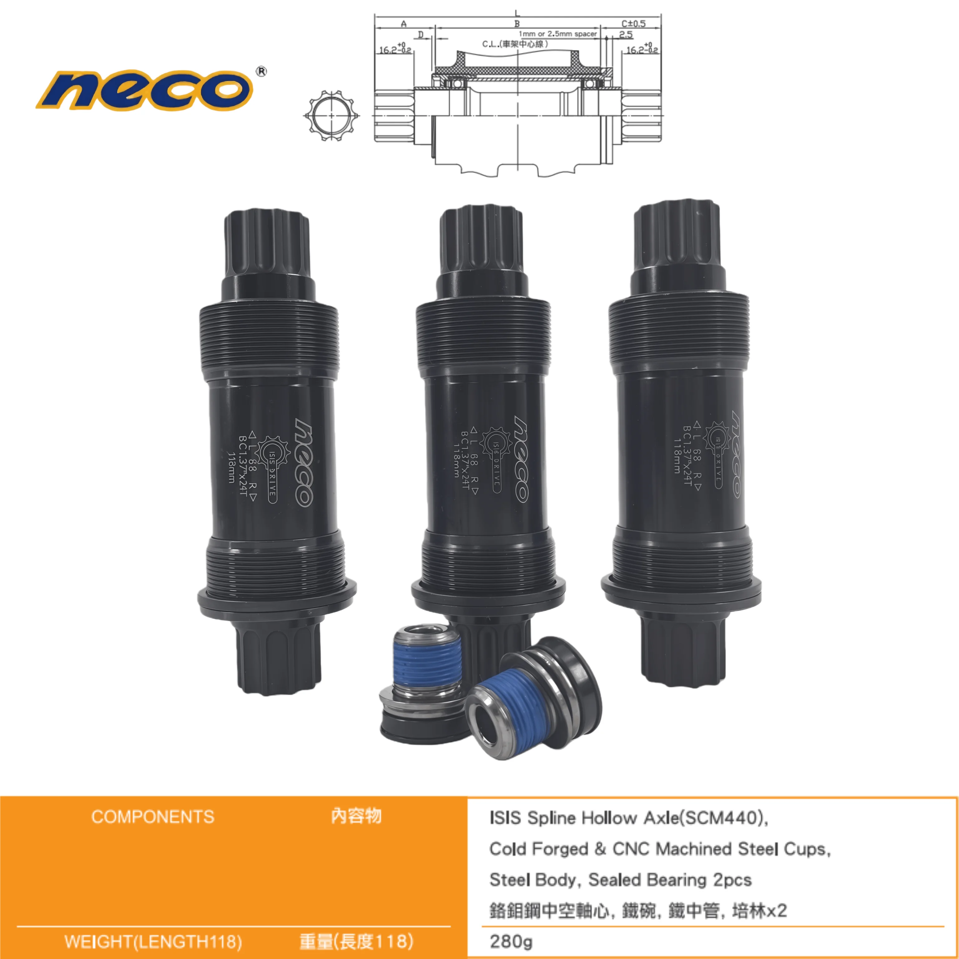 

NECO Splined Bottom Bracket 10 Teeth 10 Keys Bearing for Taiwan Chiqing 68 Bottom Bracket Shell 118mm