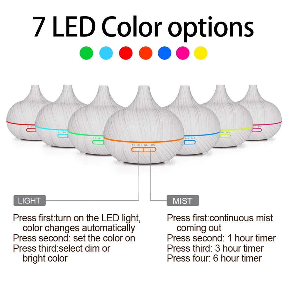 500ml Wood Grain Aromatherapy Diffuser with Remote, Ultrasonic Humidifier, 7-Color LED