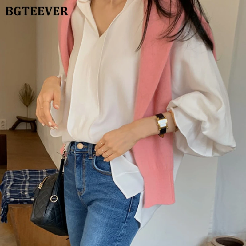 BGTEEVER Elegant V-neck Loose Female Pullovers Blouses Stylish Flare Sleeve Women Chiffon Shirts Autumn Ladies Solid Tops