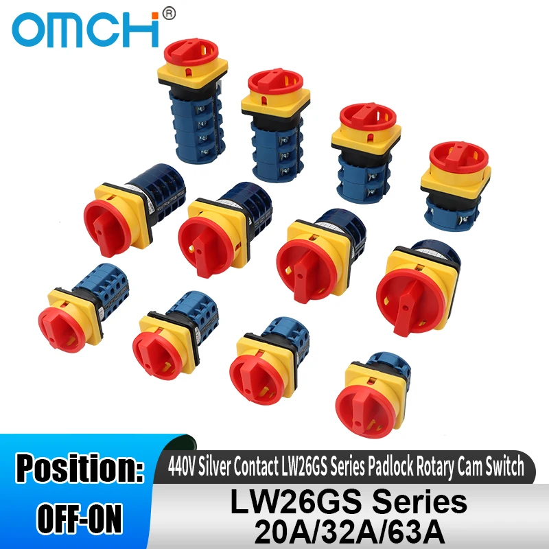 OMCH 440V Silver Contact LW26GS Series Padlock Rotary Cam Switch 20/32/63A On-OFF Two Positions 48x48mm 64x64mm 1/2/3/4 Poles