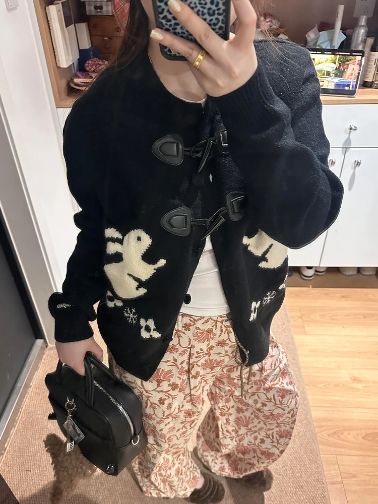 

Bla round Ne Knitted Sweater Coat Women's Casual Soft Loose Cardigan Spring Bunny Embroidery Street Sle Long Sve Top