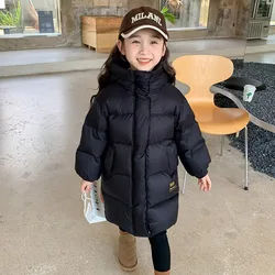 2024 Winter 110-170cm Girls Long Thick Warm Long Parkas with Pocket Kids Hooded Coat Outerwear Two Colors