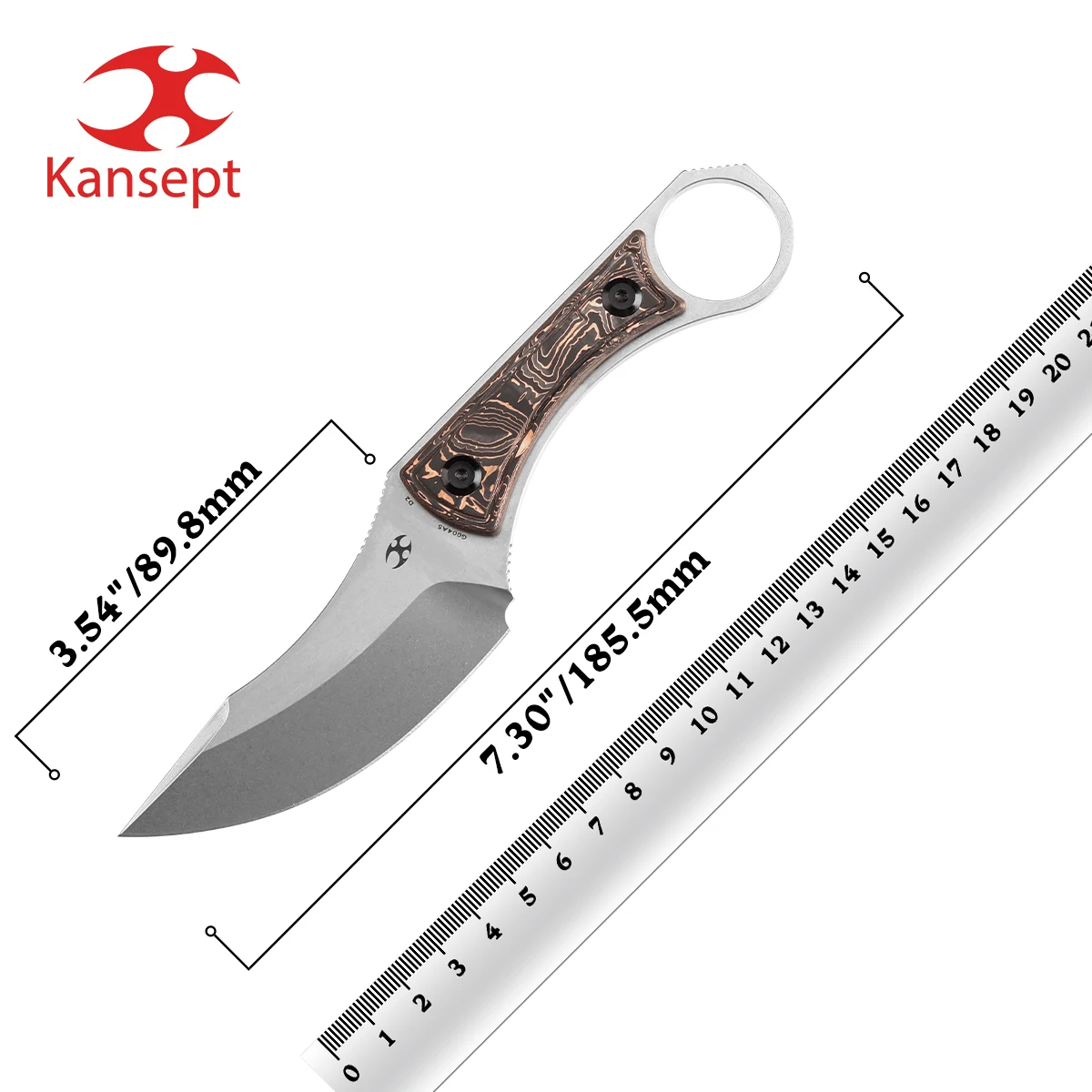 

Kansept Niko G004A5 Fixed Knife 3.54'' Stonewashed D2 Blade & Copper Carbon Fiber Handle with Sheath Marco Knives Designed EDC