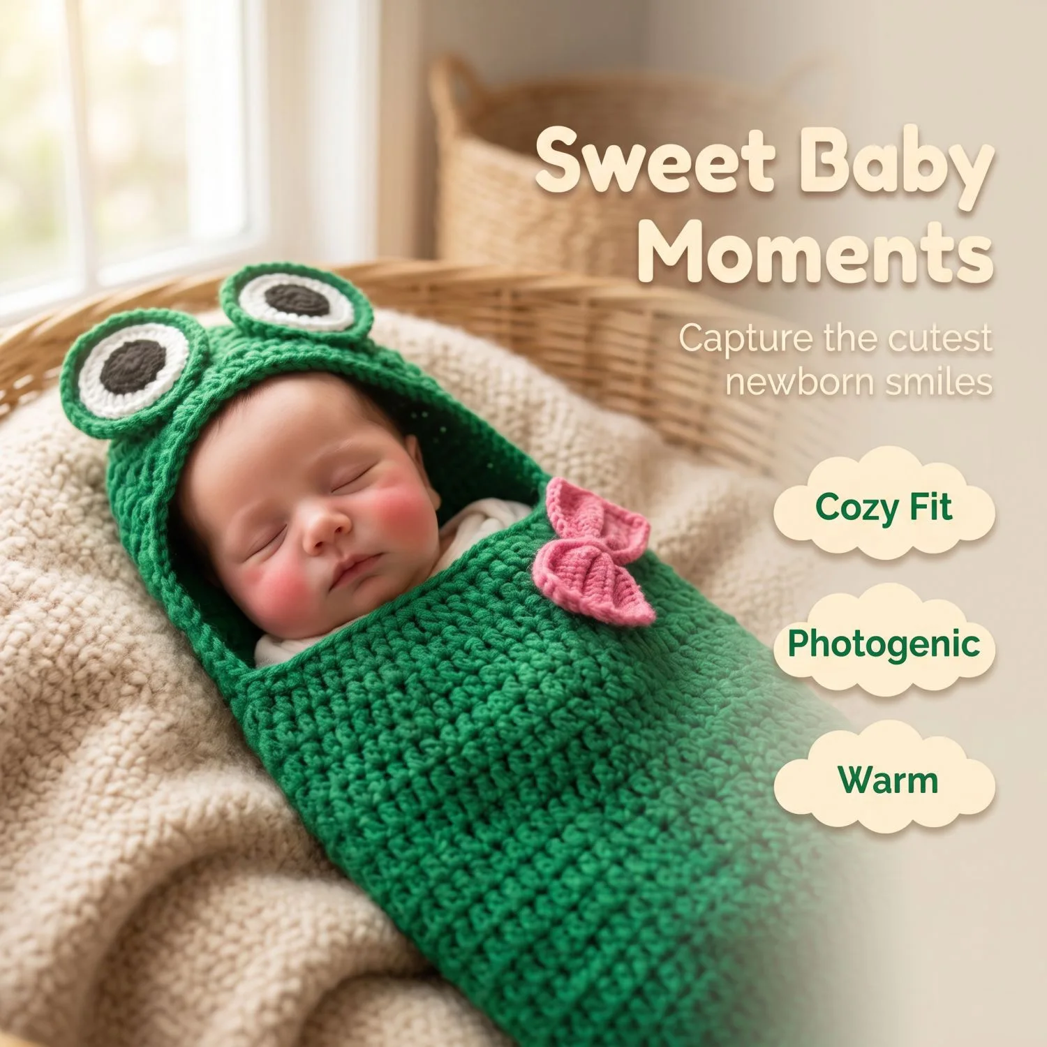 Newborn Full-Month Baby Photography Handmade Knitted Frog Photo Prop Sleeping Bag Green Toad Baby