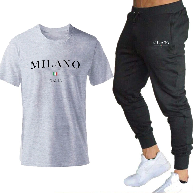 2023 Men\'s Milano Letters Print T-shirt Pant Set Short Sleeved Tees+Sweatpants Suit Pure Cotton Soft Tops Trousers Streetwear