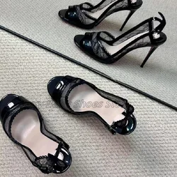 Spring New Lace Fish Mouth High-heeled Shoes With A Feminine Feel With A Slim Heels Straight Strap And Butterfly Dew Toe Sandals