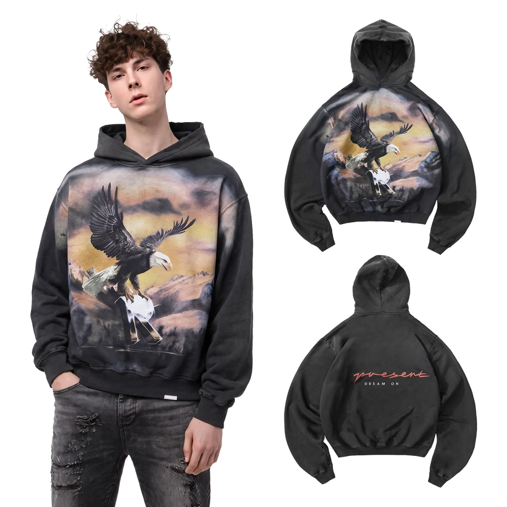American Streetwear Street Art Graphic Hoodies Hip Hop Street Style Cotton Distressed Oversized Casual Digital Print Sweatshirts