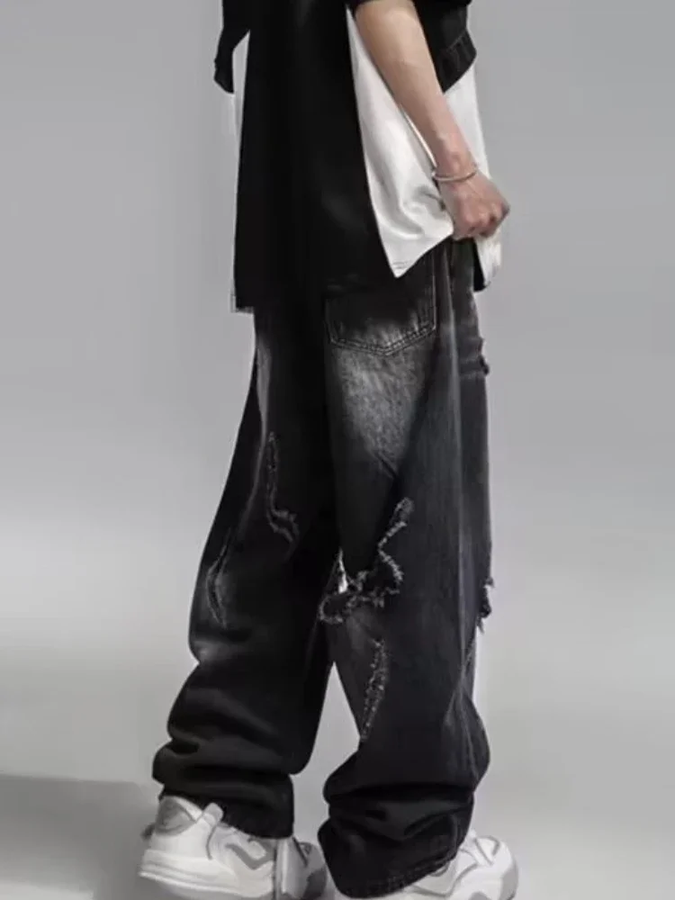 Jean ample pour hommes, trou droit, pleine longueur, Style américain, Vintage, pantalon en Denim, assorti avec tout, populaire, collège d'été, nouveau