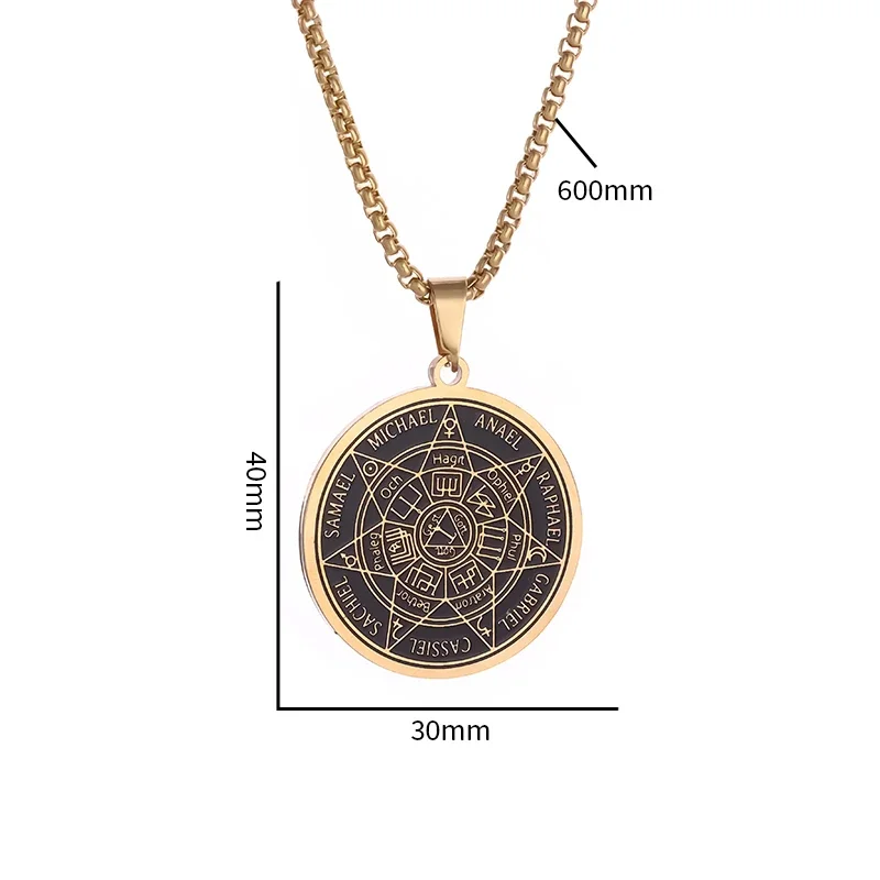 Seven Archangels Stainless Steel Compass Pendant Solomon Round Amulet Necklace for Men and Women Retro Punk Jewelry