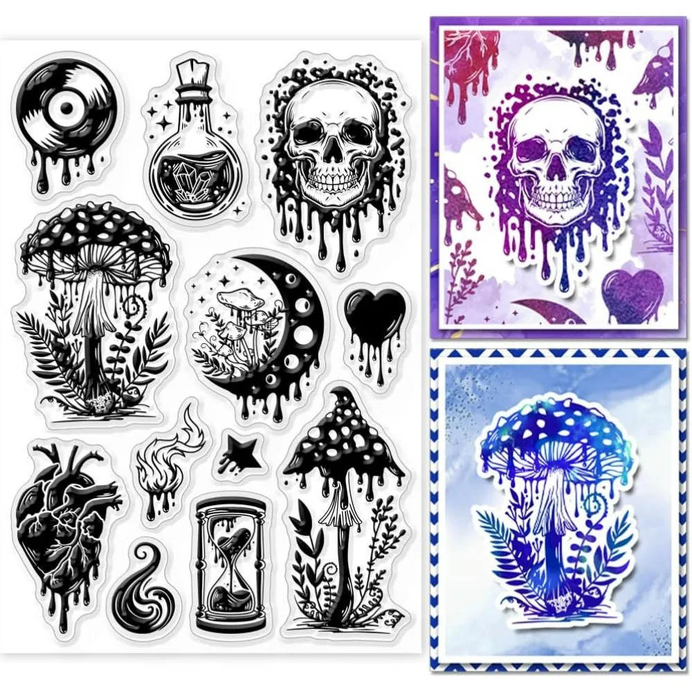 Magic Mushrooms and Skeletons Clear Stamps for Cards Making Moon Silicone Clear Stamp Seals Transparent Stamps for DIY Scrapbook