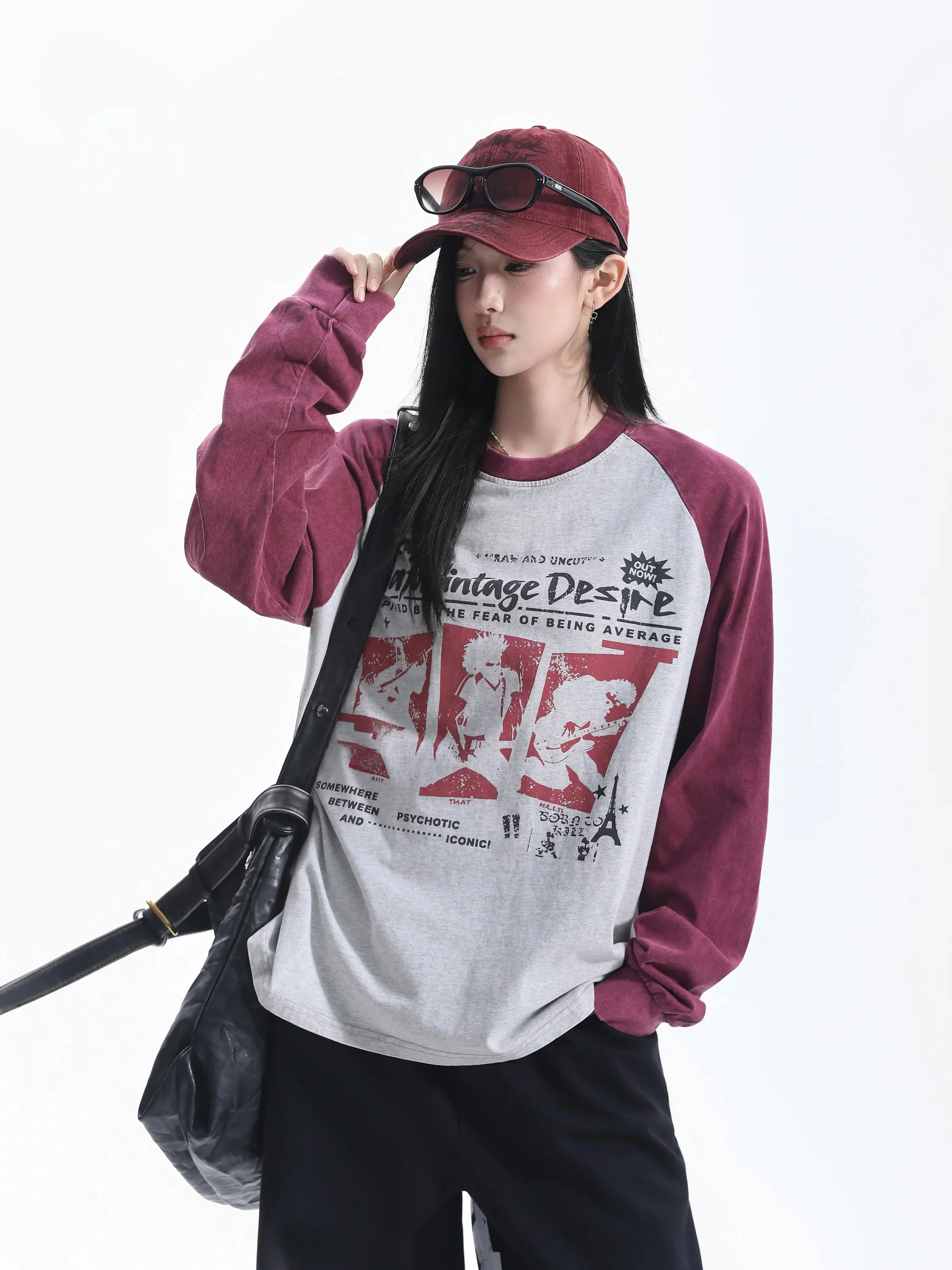 Oversize Shoulder T-Shirt Women's Poster Print Long Sleeve Street Style Cotton Casual Loose Fit round Neck for Couples