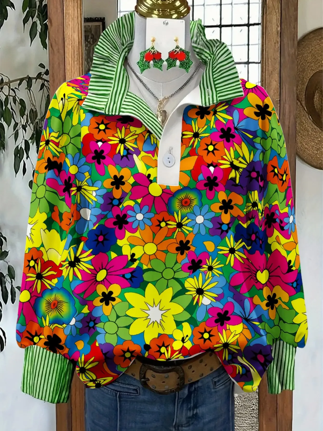 Women's Plus Size Long Sleeve Stand Collar Shirt with Creative Print for Spring, Autumn, Ladies' Fashion Clothing