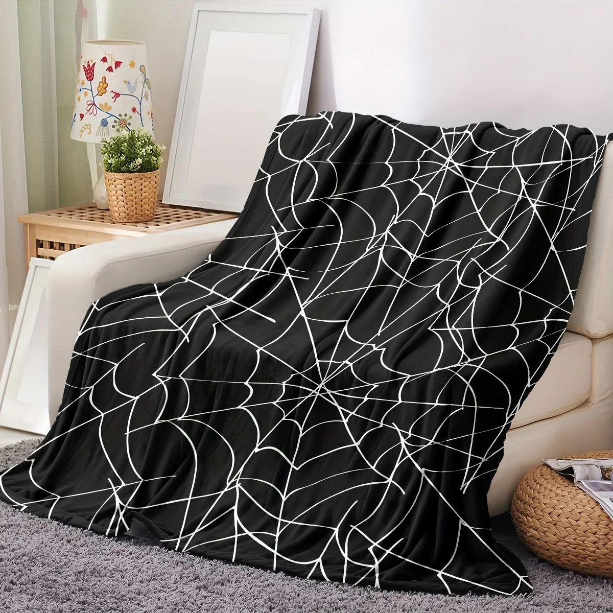 Flanelldecke, Spinnennetz-Muster, schwarz, weiß, Gothic, dekorativer Überwurf für Sofa, Couch, Schlafzimmer, Halloween-Atmosphäre, schafft
