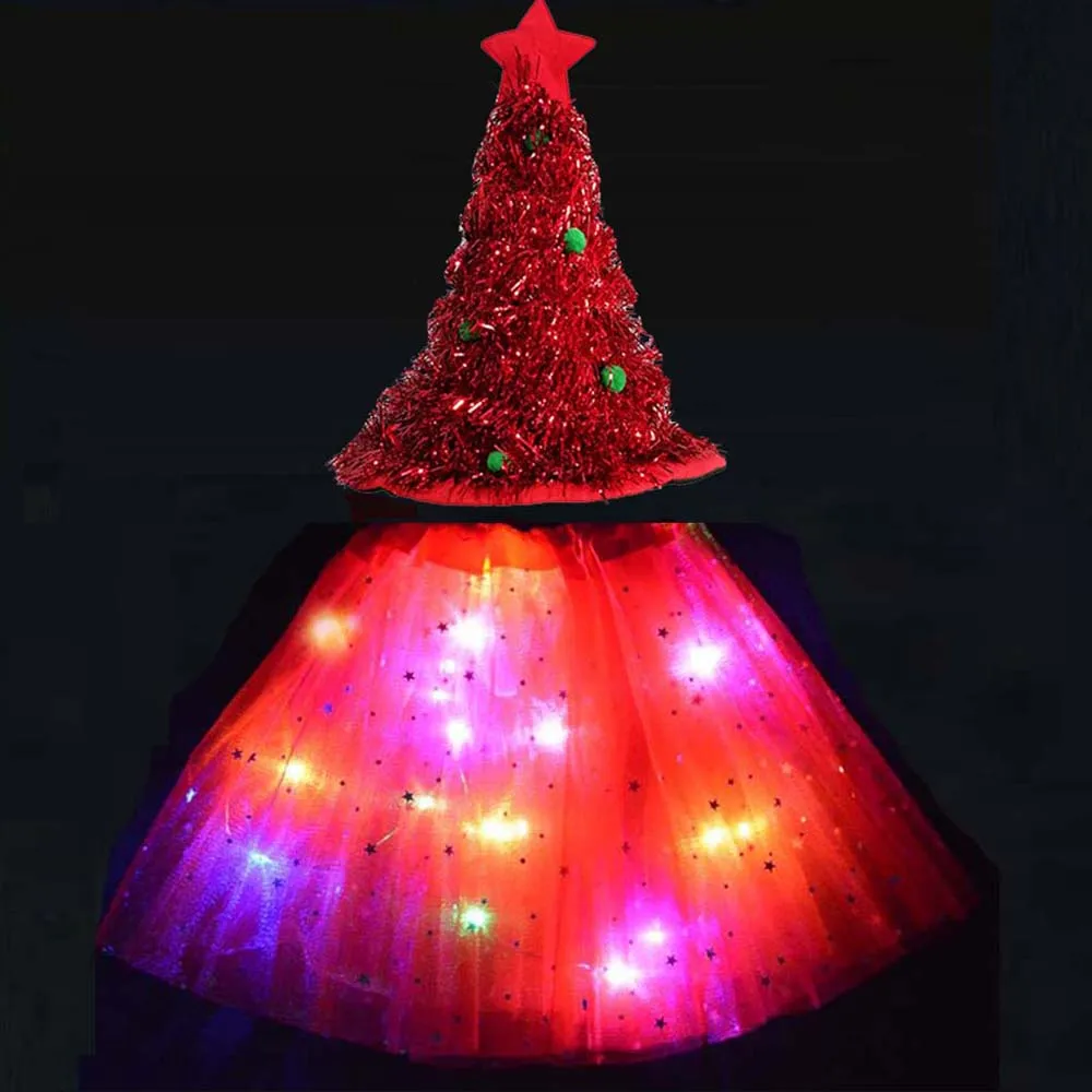 Girls Children Flashing LED Tutu Skirt with Light up Tree Xmas Hair Wear Elf Costume Fairy Stick  Festival Halloween Christmas