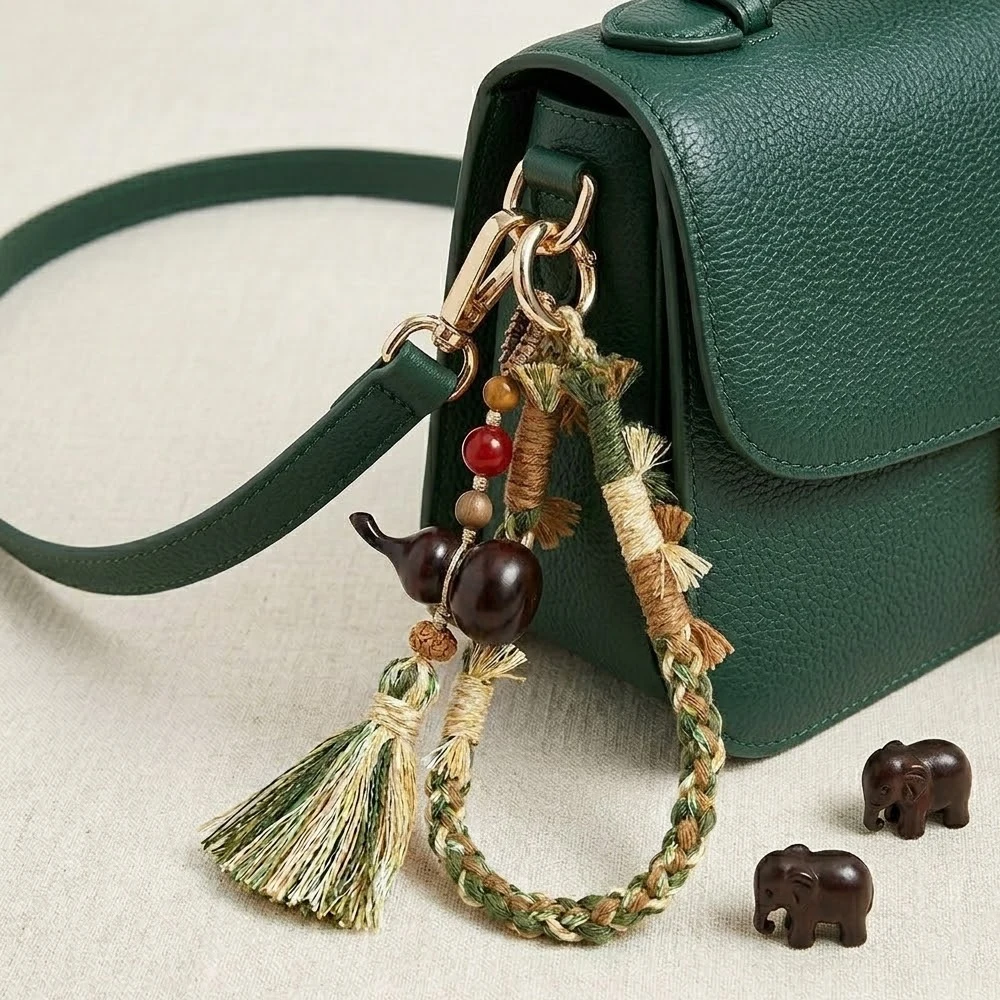 Handmade Boho Tassel Bag Charm Keychain Ethnic Style Woven Pendant Handcrafted Purse Hanging Accessory for Women