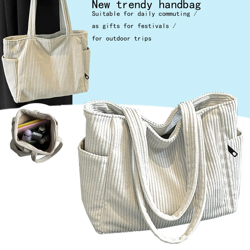 Bolso de Hombro de Pana con Rayas Verticales, Tejido Suave, Bolso Casual, Amplio Espacio para Compras, Libros y Artículos Esenciales Diarios
