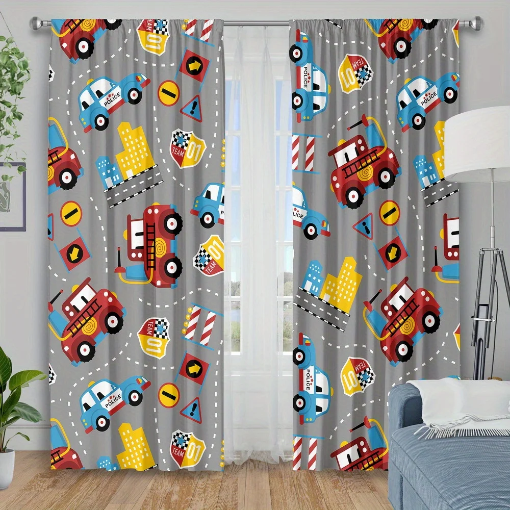 Cartoon Fire Truck Police Car Curtain 2 Panels Grey Road Traffic Sign Building Master Bedroom Print Window Curtain Cute Kids Boy