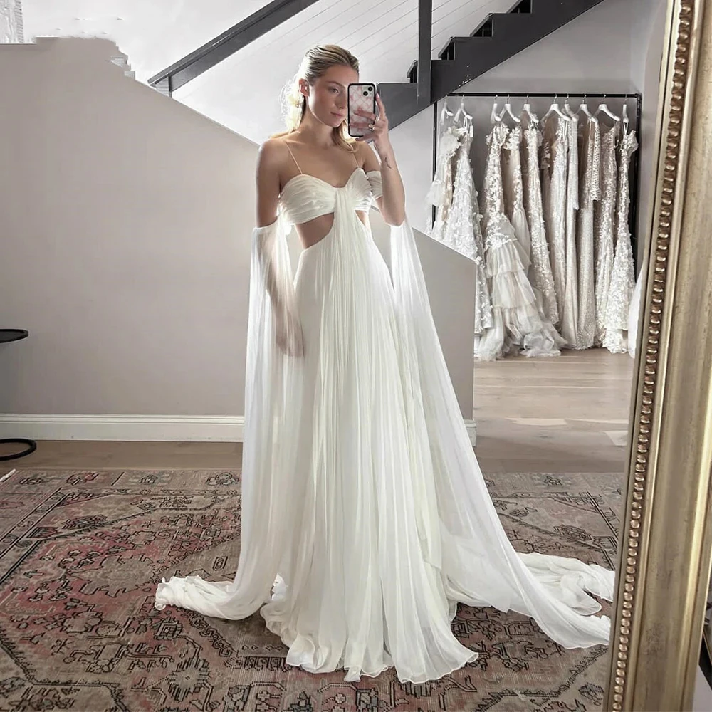 

Sexy Spaghetti Beach Wedding Dresses Backless Sweetheart Long Tulle Bridal Gowns Pleats Off Shoulder Ivory Bohemian Bride Dress