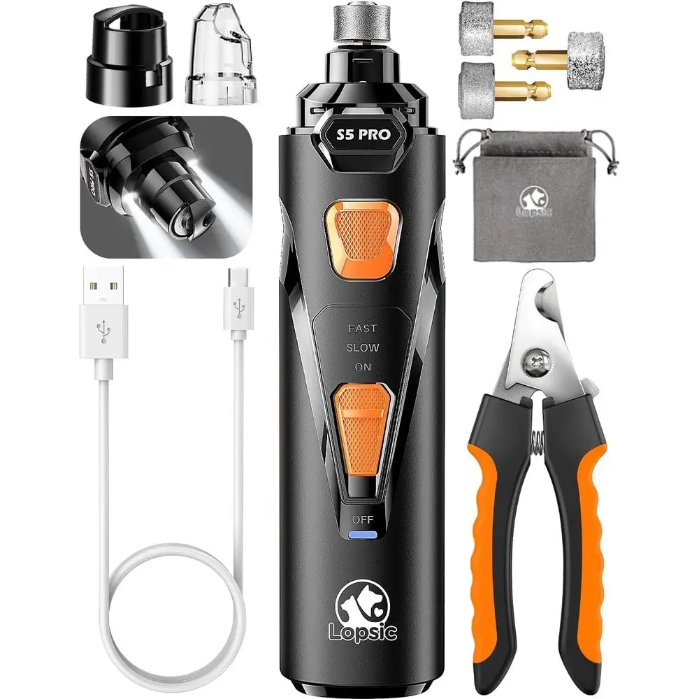 

Электрическая машинка для стрижки когтей собак со светодиодной подсветкой, 3 скорости, 3 насадки для шлифовки, подходит для всех пород, тихая и безопасная для чувствительных собак, перезаряжаемая.