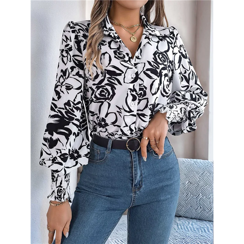 

AG-Women's Floral Blouses Dressy Casual V Neck Button Down Shirts Lantern Long Sleeve Boho Chiffon Tops 2025