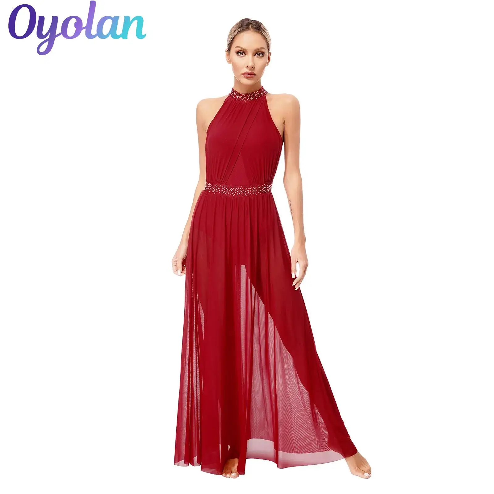 

Womens Shiny Rhinestone Gymnastics Artistic Modern Contemporary Ballet Leotard Dress Flowy Tulle Waltz Lyrical Dance Maxi Dress