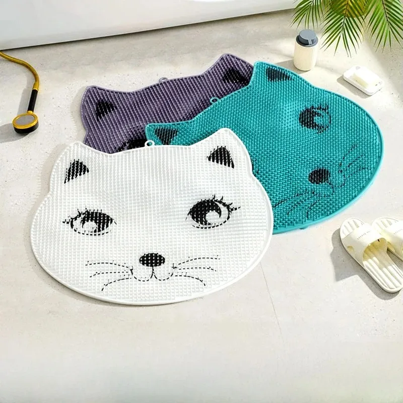 Non-Slip Cartoon Cat Head Bath Mat Shower Scrubbing Pad Back Massage Bathroom Suction Cup Full Body Cleaning Tool