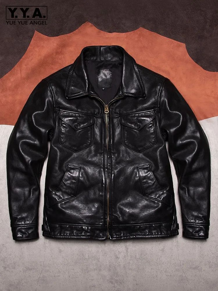 Vintage Men Cowhide Genuine Leather Jacket Lapel Collar Zipper Slim Fit Multi Pockets Coat Motorcycle Biker Windproof Jacket 6XL