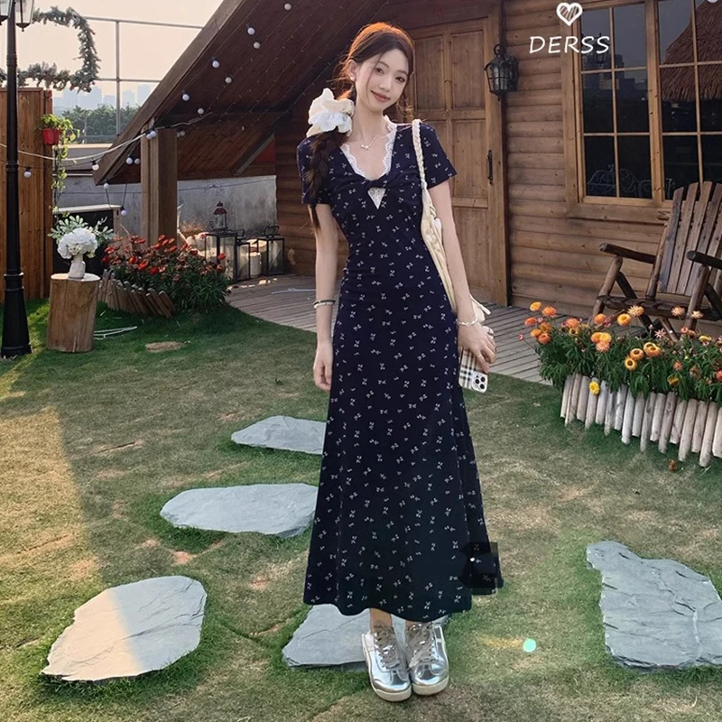Dark V-Neck Lace Splicing Floral Dress Summer Korean Style Twisted Design High Waist Mid Length Flowers Dresses For Women