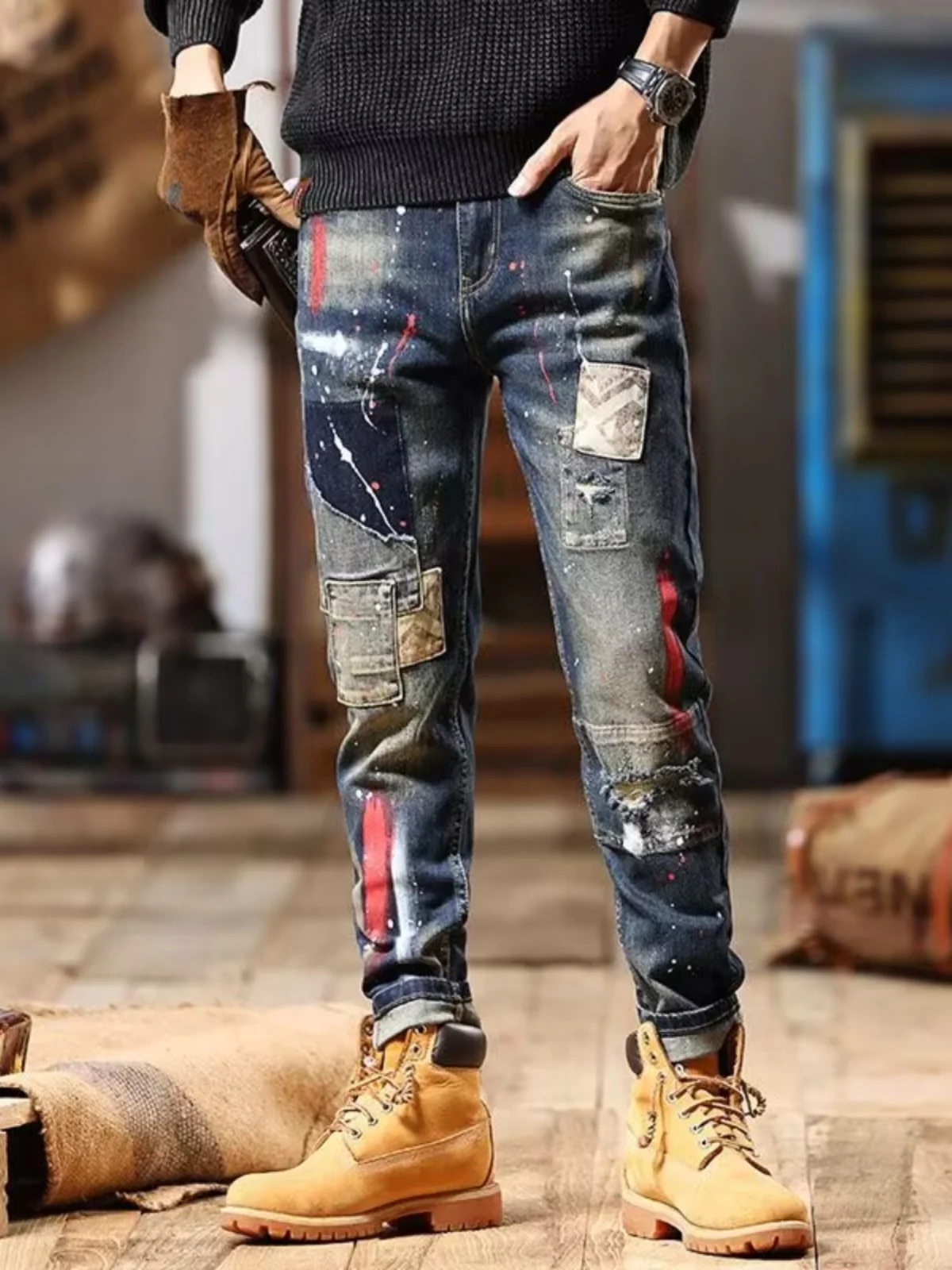 

Высококачественные мужские джинсы Heavy-Du с модными джинсами в стиле пэчворк с брызгами краски, молодежные модные прямые облегающие джинсы