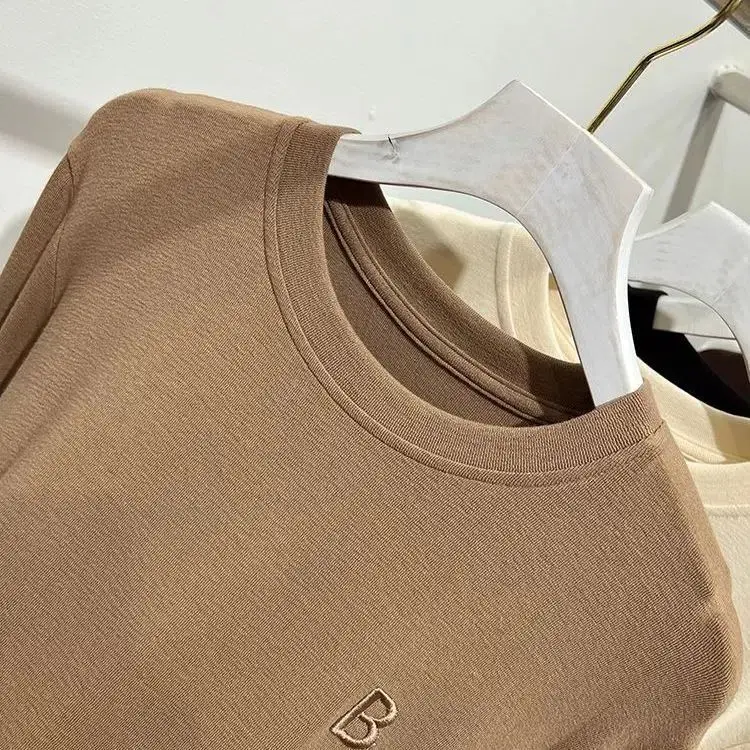 Double-Sided Velvet round Neck Long Sleeve Fleece-Lined Warm T-Shirt Women's Autumn Winter New Embroidered Base Shirt Top
