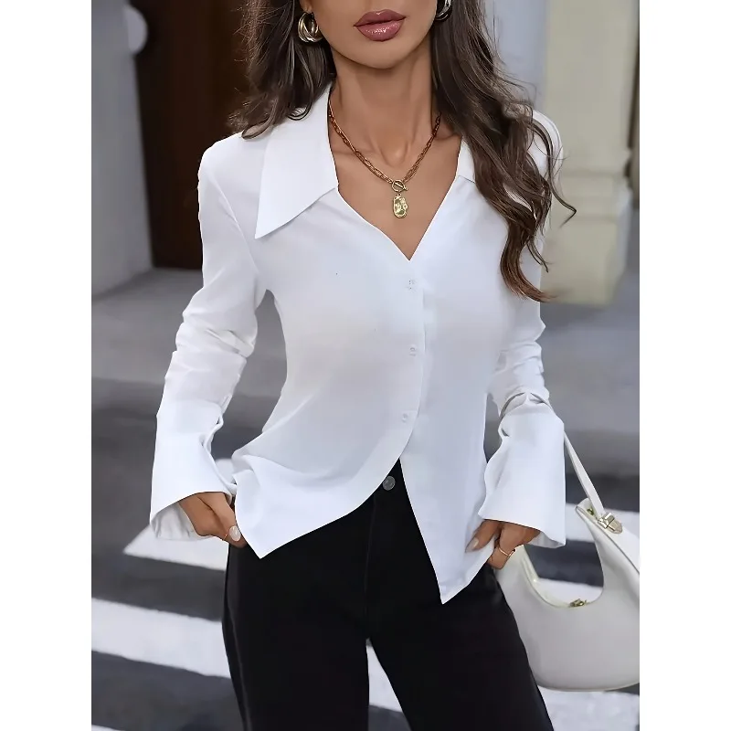 

Plus Size 1XL-5XL Solid Color Women Shirt V-neck Flare Sleeve Single Breasted Simple Fashion Female Shirts