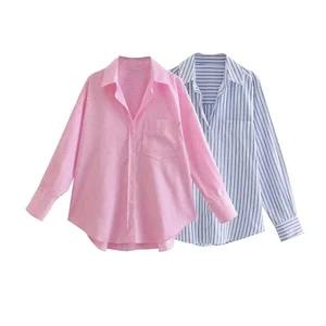 Gömlek, gevşek çizgili cepler ile kadınlar için, uzun kollu gömlek düğme üstleri, şık, kadın moda Kadın çizgili levrek gömleklerinin en iyi 10 satışı-no. 4