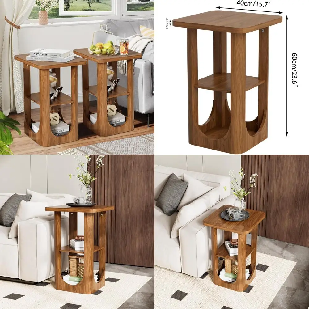 

Modern 3-Tier Wooden End Tables Set, Bedroom Storage Side Tables with Shelves, Small Square Living Room Furniture
