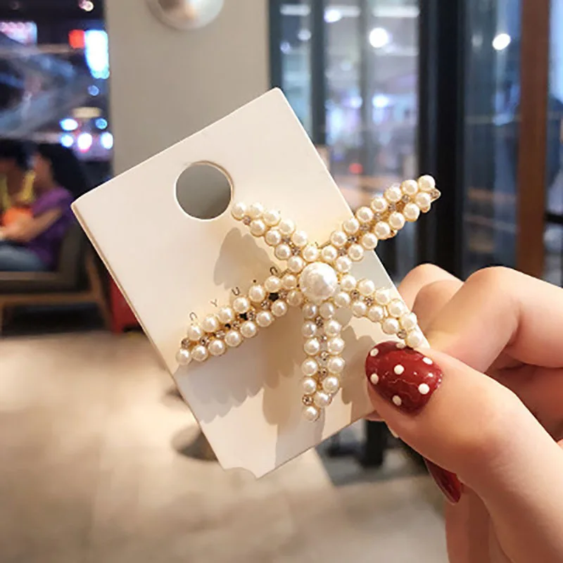 Korean Full Crystal Pearl Starfish Hairpin Headwear Fashion Hair Clip For Women Girls Party Hair Barrette Accessories Jewelry