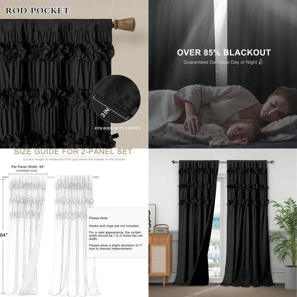 

Thermal Insulated Blackout Curtains with Ruffles & Butterfly Flowers, 54x84, Pair for Rooms