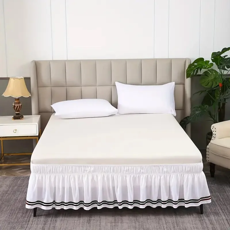 Adjustable Elastic Solid Color Stripe Ruffle Bed Skirt Bedding for King Queen Twin Easy Fit Washable Fade Resistant Home Decor