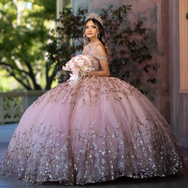 

Pink Shiny Off The Shoulder Quinceanera Dresses Princess Prom Gown Tulle Lace Up Gold Appliques Beads Sweet 15 Dress Balll Gown