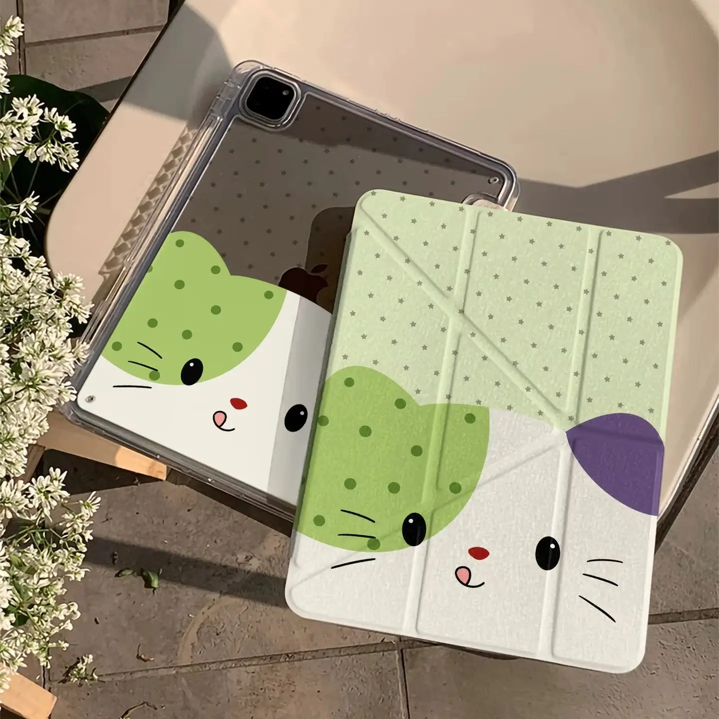 Cute Green Star Polka Dot Cat Tablet Case For iPad Pro 11 12.9 13 A16 M2 M4 M3 M5 Shell 5/6/7/8/9/10/11th Mini Air 3 4 5 6 Cover