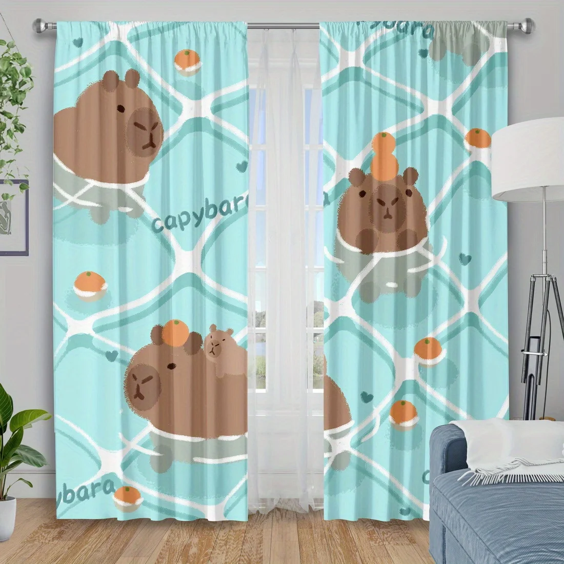 Cute Water Capybara Window Curtain 2 Panels,Parent Child Capybara Fruit Bubble Light Blue Pattern,Drapes for Living Room Curtain