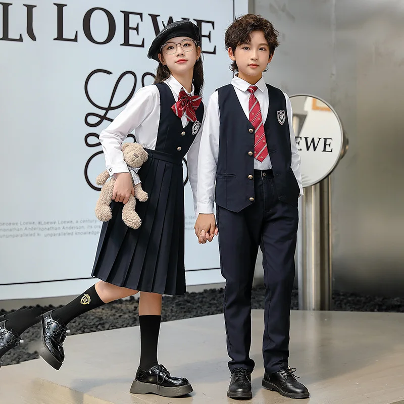 Kind Japanse School Uniform Wit Overhemd Navy Geplooide Overkapping Vest Broek Strikje Voor Meisje Jongen Kleding Set Student Outfits