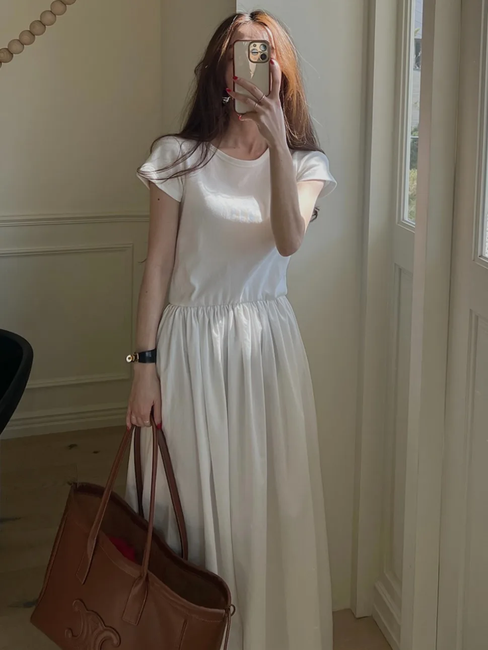 Spring Summer Vintage round Neck Pleated Short Sleeve Dress Women's Fashionable Splice Style Casual Comfortable Inner Wear