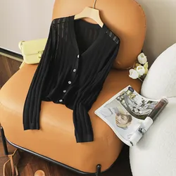 2022 Summer silk V-neck solid color sweater Women's thin cardigan air conditioning shirt with sunscreen hollowed-out cape